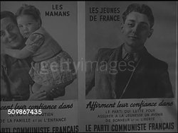 1947: PARIS, FRANCE: Crowded sidewalk next to metro, subway. MS French Communist Party posters on wall. HA WS Crowd at outdoor Party rally. French Communist Party (PCF) leader Maurice Thorez speaking to crowd (No SOT). Instructional Video