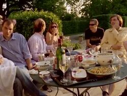 Medium shot group of men and women having drinks and food in outdoor garden/ people standing up and toasting/ Saint-Ferme,  France Stock Footage