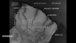 1936: MAP: Map of French Guiana. Coastal prison settlements of St. Laurent & Cayenne marked. Devil's Island. MAP of Devil's Island (political prisoners), Royal Island (incorrigibles), St. Joseph Island. Lumber camps on map & road to Cayenne. Instructional Video