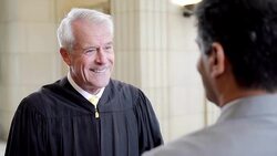 Judge and lawyer talking at courthouse Stock Footage