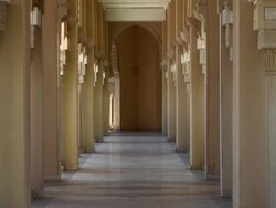 External hallway by Hassan II Mosque gardens, Casablanca, backzoom Stock Footage
