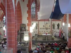 MS Shot of catholic mass at curch St. Marien Saarburg-Beurig, with cardinal Meisner, Cologne / Saarburg, Rhineland Palatinate, Germany Stock Footage