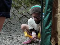 MS TU Shot of hitting nail with hammer, Setting tent / Okutama, Tokyo, Japan Stock Footage