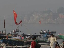 WS Boats on shore of Ganges / Varanasi, India Stock Footage