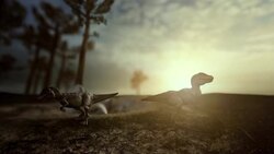 A Triceratops threatens dinosaur hatchlings in a computer-generated animation. Stock Footage
