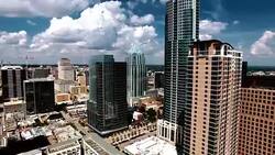 Very Close Aerial Downtown Austin Texas Tall Skyscrapers High Contrast Nice Summer Day Stock Footage