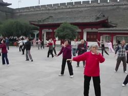 WS PAN People performing Tai Chi  in city wall Park/xian,shaanxi,China Stock Footage