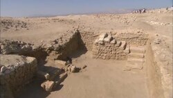 Ruinous stone walls surround an ancient courtyard in Berenike, Egypt. Stock Footage