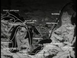 1936: MAP: Map of Great Lakes, surrounding major cities, arrow pointing to 'Welland Canal.' Instructional Video