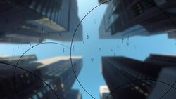 data stream symbolizing global network connection. numbers statistics background. city business district Stock Footage