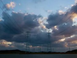 WS T/L View of power transmission tower in Daebudo Island / Ansan, Gyeonggido, South Korea Stock Footage
