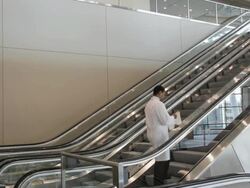 WS Physician entering from left steps on escalator / Seattle, Washington, USA Stock Footage