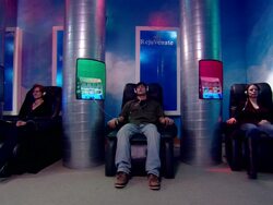 WS Shot of three people relaxing in oxygen bar, relaxing in chair, with colored stands / Minneapolis, Minnesota, United States Stock Footage