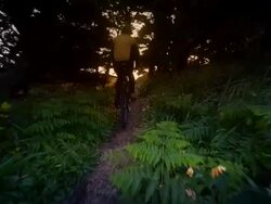 MS SLO MO POV Shot of man bicycling on trail overlooking Ocean / Port Orford Heads State Park, Oregon, United States Stock Footage