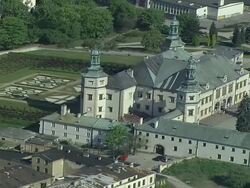 A view of the Bishops' Palace in Kielce (Polish city). A garden and buildings around. Stock Footage