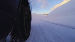 Snowy winter road drive Stock Footage
