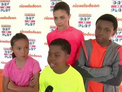 INTERVIEW - Breanna Yde, Amber Montana Benjamin, Lil P-Nut Flores Jr., and Curtis Harris talks about the importance of staying healthy and active at Nickelodeon's 10 Annual Worldwide Day of Play Celebration Stock Footage