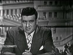 1952: PROGRAM OPEN: Anchor Frank Blair (1915-1995) sitting behind desk on set w/ cityscape BG, SOT talking about delegates deciding, Senators Humphrey & John Sparkman on Civil Rights, all five candidates for Democratic nomination will speak tonight. Instructional Video