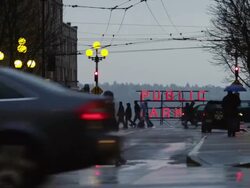 WS Traffic on street at dusk,Pike Place Market neon sign in background / Seattle,Washington,USA Stock Footage
