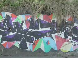 MS PAN Shot of spray-painted graffiti on wall at roadside / Rio de Janeiro, Brazil Stock Footage