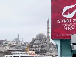 Long shot of 'Istanbul 2020' poster with Hagia Stock Footage
