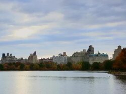 WS PAN View of autumn color trees and Central Park West Residents at reservoir / New York, United States Stock Footage