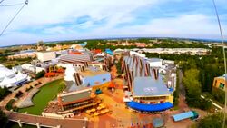 Aerial view on Disney Village from Panoramagique helium balloon at Disneyland Resort Paris, France. Stock Footage