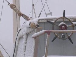 old fisherman's boat in snowstorms Stock Footage
