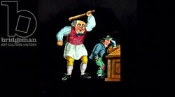 Animated 19th century magic lantern slide with man bashing a thief with a club Stock Footage