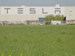 MS TU Shot of TESLA factory of automobile manufacturing plant / Fremont, California, United States Stock Footage