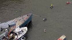 Aerials of Fishing for Leave and Vote Remain EU Referendum Campaign Boats on the River Thames News Clip