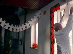 HD CRANE: Putting Up Halloween Decorations Stock Footage
