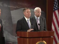 June 2009 MS Senators Lindsay Graham, John McCain and Joseph Lieberman criticising the Obama administration's policy on the post-election unrest in Iran / Washington D.C. / June 25, 2009 / AUDIO Stock Footage
