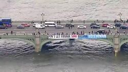 Aerials of Fishing for Leave and Vote Remain EU Referendum Campaign Boats on the River Thames News Clip