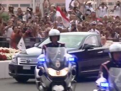 Arrival of Prince Albert II and Princess Charlene of Monaco at the Monaco Royal Wedding: Saint Devote's Church Appearance at Monaco . (Footage by WireImage Video/Getty Images Entertainment Video) Stock Footage