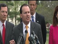 Three days of arguments on President Barack Obama's health care overhaul have come to an end at the Supreme Court. Outside Republicans spoke to reporters with GOP Senator Mike Lee saying the law puts individual freedoms 'at stake.' News Clip