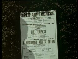 This is London Archive: Poster for The Tempest and Midsummer Night's Dream at the Open Air Theatre, Regent's Park, London, United Kingdom. 1958. Stock Footage