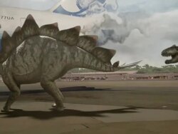 Medium hand-held pan-left pan-right - A Stegosaurus defends itself from a Tyrannosaurus rex near a passenger jet in a computer-generated animation. / Washington, DC, USA Stock Footage
