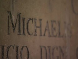 An inscription in stone reads, Michael Nostradami. Stock Footage