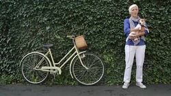 Woman with dog on bicycle Stock Footage