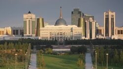 Central Asia, Kazakhstan, Astana, City Skyline and Ak Orda Presidential Palace of President Nursultan Nazarbayev Stock Footage