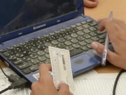 Processing IDs at Syrian Civil War refugee camp Stock Footage