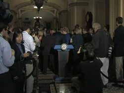 WS PAN Sen Harry Reid and other member  member leaving after  stand up press availability in  Ohio Clock Corridor Audio / Washington, DC, United States Stock Footage