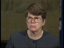 USA: ATTORNEY GENERAL JANET RENO MASS SUICIDE PRESS CONFERENCE News Clip