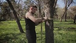 Preparing for walking on the rope,outdoors Stock Footage