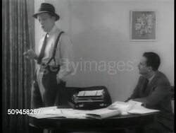 1937: RADIO COMEDIANS: MS Mimeograph machine printing pages. Women in office collating script pages by hand. Comedian Fred Allen (1894-1956) w/ writer in office SOT saying radio comedians tell more jokes in 6 months than stage comedian in lifetime Instructional Video