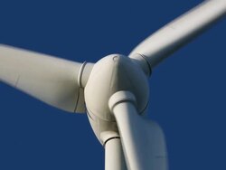 CU View of wind turbine against clear sky / Ostend, West Flanders, Belgium Stock Footage