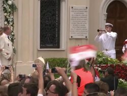 Prince Albert II and Princess Charlene of Monaco at the Monaco Royal Wedding: Saint Devote's Church Appearance at Monaco . (Footage by WireImage Video/Getty Images Entertainment Video) Stock Footage