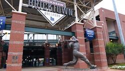 Oklahoma City Oklahoma OKC Mickey Mantle statue at Chickasaw Bricktown Ball Park at Plaza for Miickey Stock Footage