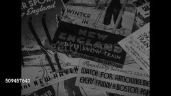 1933: RECREATION TRAINS: MS Train power station, electric train passing BG. LA MS Electric streamline train running on railroad tracks. CU Advertisement for 'Snow Train.' INT VS Skiers boarding train w/ skis. (POV moving train) Train taking turn. Instructional Video